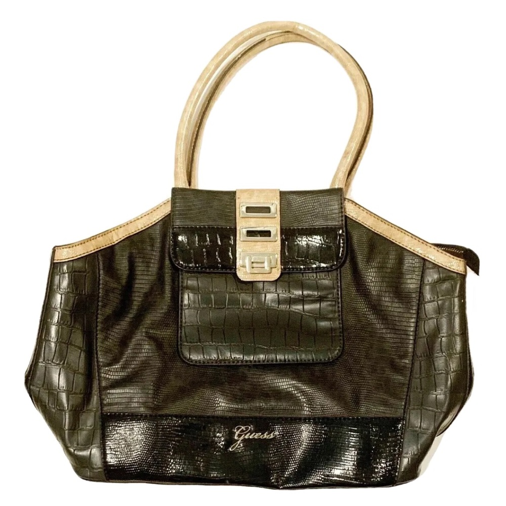 Guess Faux Leather Snakeskin Purse Handbag Tote Large Pockets Zebra Black Beige